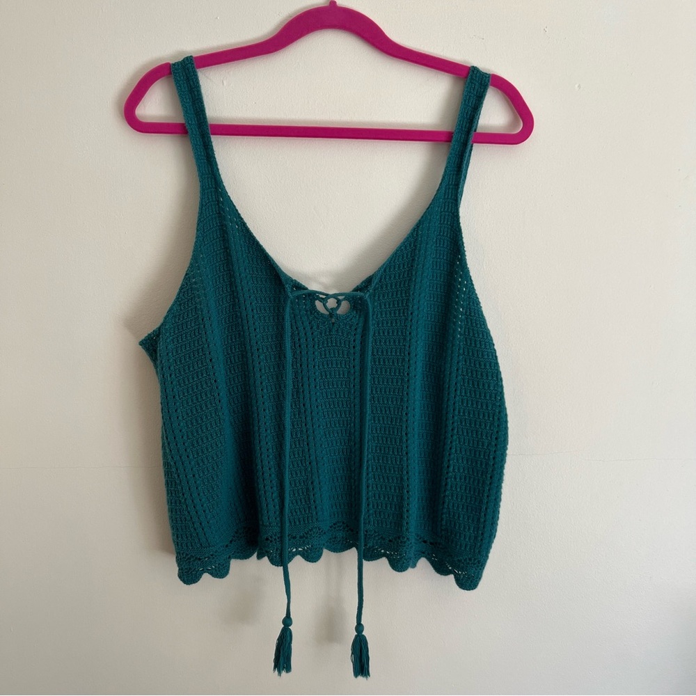 2016 Coachella Festival Style 100% Cotton Teal Knit Criss Cross Tank Crop Top L